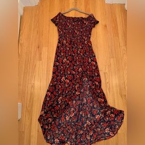 Crystal doll ruched high low floral dress, size medium